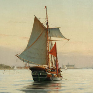 Maleri af Johan Neuman. Et skib og kadrejere på Øresund, - der handles over skibssiden